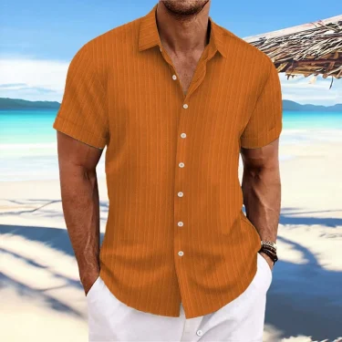Men's striped jacquard lapel casual fashion comfortable loose short sleeve Hawaiian multicolor shirt 5
