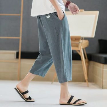 Summer Fashion New Men Cotton Hemp Calf-Length Pants Korean Male Clothing Solid Elastic Waist Loose Streetwear Straight Trousers
