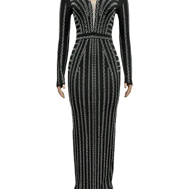 Sexy Diamonds Slim Long Dresses Robe Bodycon Party Vestido African Women's Clothing Black Evening Elegant Gown 5