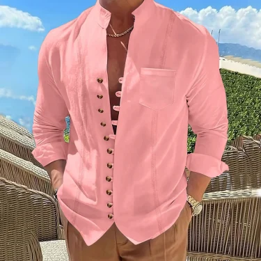 Mens new vintage stand collar cotton linen pocket long sleeve shirt casual multi-button solid color striped cardigan 2