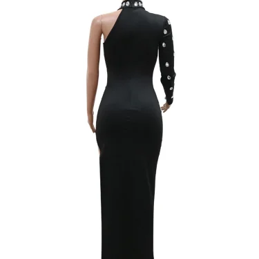 New Luxury Elegant Big Diamonds One Sleeve Black Bandage Beaded Evening Party Split Dress for Women Birtdhay Clubwear Prom Robe 4
