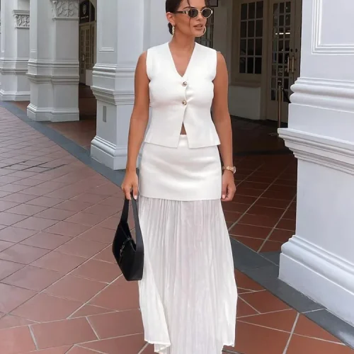 Women 2 Piece Set Chic V-Neck Sleeveless Button Knitted Vest Top+Splicing High Waist Side Zipper Ankle-Length Skirt TRAF 5