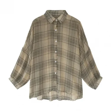 Fashion Casual Thin Chiffon Loose Batwing Sleeve Plaid Women Shirt 2022 Office Lady All-match Lapel Button Oversize Woman Blouse 5