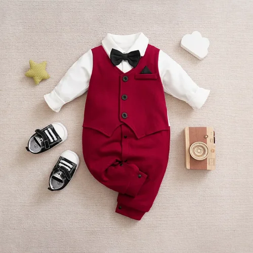 Gentleman Baby Boys bow tie Cotton Clothing Spring and Autumn Children One-Piece long sleeves Jacket 0-2 years old Rompers 1