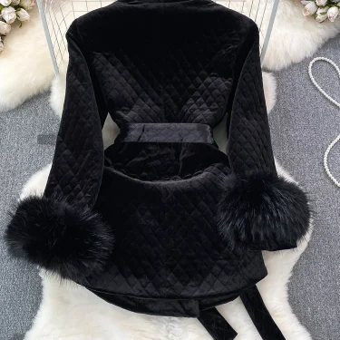 XFPV Women Velvet Feather Lace-up Korean Version Double Breasted Blazer Lapel Long Sleeve Warm Coat Autumn Winter SM9917 2