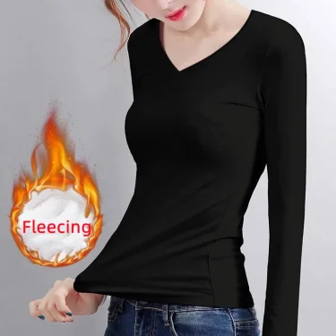 O Neck Long Sleeve Shirt Women Bottoming Cropped Tops Black Casual Slim Basic Velvet Heating Fiber Thermal T-Shirts 4
