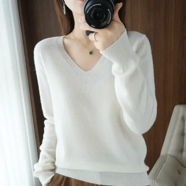 Women's Sweater Autumn Winter Knitted Pullovers V-neck Slim Fit Bottoming Shirt Solid Soft Knitwear Jumpers Basic Sweaters 6