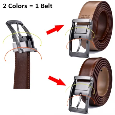 1Pcs Men's Reversible Classic Dress Belt Leather Rotating Buckle Two In One 2
