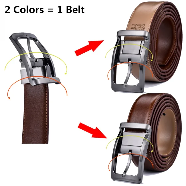 1Pcs Men's Reversible Classic Dress Belt Leather Rotating Buckle Two In One 2