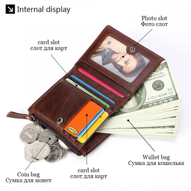 Leather Men Wallets Free Name Engraving 100% Genuine Cow Leather Short Card Holder Men Purse Double Zipper Male Wallet 5