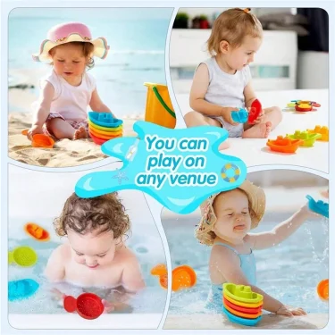 Baby Bath Toys, Stacking Boat & Spoons Toys, Early Education Intelligence Gift, Rainbow Color Stacked Cup Folding Tower Baby Toy 6