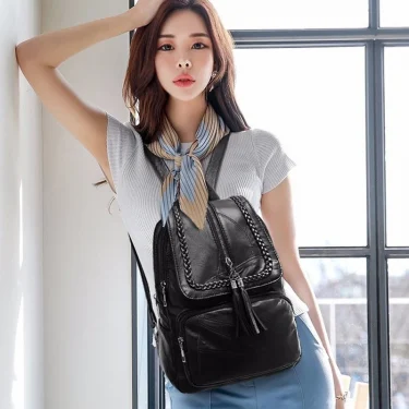 Women's PU Leather Backpack School Bag Classic Black Waterproof Travel multi-function Shoulder Bag Rucksack 2