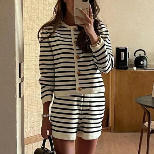 Tossy Striped Knit 2 Piece-Set Shorts Women Fashion Zebra Printed Cardigan And High Waist Patchwork Shorts Sets Knitwear Outfits 1