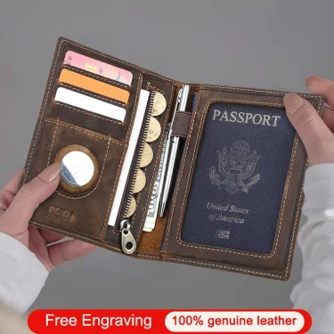 Genuine Leather Passport Wallets Card Holder Coin Purse AirTag Slot Men Travel Wallet Women‘s Purse Passport Cover Bag 2