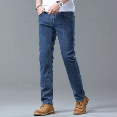 Spring Men's Light Blue Slim Jeans Stylish Casual Stretch Fabric Denim Pants Classic Trousers Smoke Gray 5
