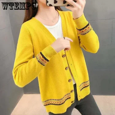 WTEMPO Spring Autumn Solid Color Women's Knitted Cardigan Long Sleeve Korean Loose V-Neck Button Sweaters Coat Female Clothing 5