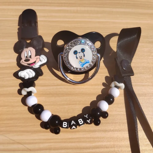 Black Mickey Mouse Printed pacifier Baby Diamond Pacifier Food Grade Baby Thumb shaped pacifier Personalized bead pacifier clip 1