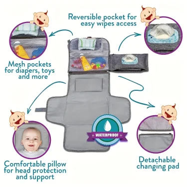 Portable Diaper Changing Pad For Newborn Baby Changing Pad with Smart Wipes Pocket Waterproof Travel Changing Kit 2