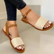 Ladies Shoes High Quality One-word Buckle Women's Sandals Summer Solid Ankle-wrap Open Toe Low-heeled Beach Sandals Women 3