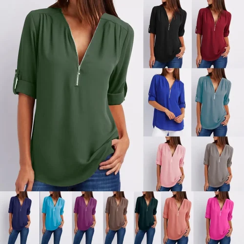 Hot Sale Women Cool Loose Shirt Deep V Neck Chiffon Fashion Blouse Casual Ladies Tops Sexy Zipper Pullover Plus Size 1