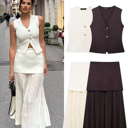 Women 2 Piece Set V-Neck Sleeveless Button Knitted Vest Top+Elegant Splicing High Waist Zipper Long Skirts Holiday Suits