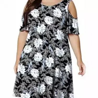 New plus size women's round neck off-shoulder print large-size T-shirt dress woman 3