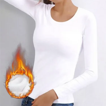 O Neck Long Sleeve Shirt Women Bottoming Cropped Tops Black Casual Slim Basic Velvet Heating Fiber Thermal T-Shirts 5