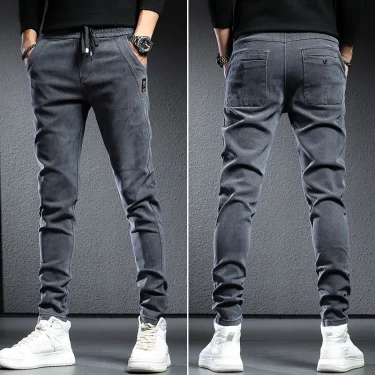 Autumn & winter elastic waist thicken fleece jeans for men Slim fit small feet Korean fashion casual pants for men Long pants 1