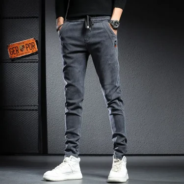 Autumn & winter elastic waist thicken fleece jeans for men Slim fit small feet Korean fashion casual pants for men Long pants 2