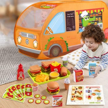 Kids Car Tent Pretend Kitchen Toys Simulate Bread Burger Food Cart Folding Tent Cooking Game Boys Girls Interactive Activity Toy