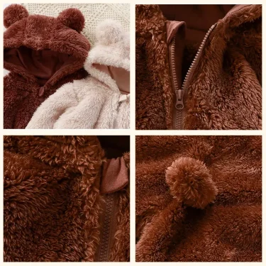 Thick Warm Baby Rompers Cute Winter Infant Jumpsuits Hooded Coral Fleece Bear Shape Newborn Soft Pajamas Overalls Clothing 6