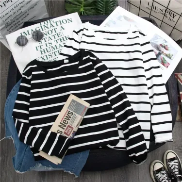 Women Loose Round Collar Autumn Stripes Print Loose Long Sleeve Casual Simple Wild T-Shirt 4