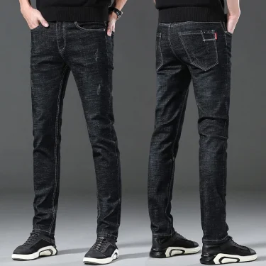 Men's Stylish Classic Business Casual Jeans Four Seasons Wear Black Blue Pants Middle-waist Leggings Denim Fabric Trousers Male 4