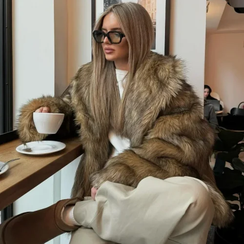 Winter Warm Luxurious Fluffy Lapel Woman Faux Fur Jacket Fashion Full Sleeves Brown Short Coat New Commuter Outerwear 1