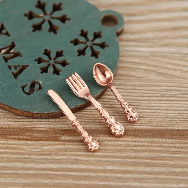 12PCS Miniature Metal Cookware Fork Knife Spoon Toys Dollhouse Furniture Gold Silver 1:12 Scale Simulation Mini Cutlery 3