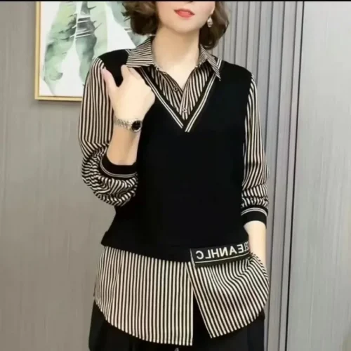 Spring and Autumn Women's Pullover POLO Neckline Stripe Loose Fit Long Sleeve Sweater Medium Length Shirt Fashion Casual Tops 1