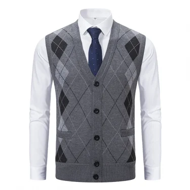 Spring Autumn Male Vest Sleeveless Sweater Fleece Warm Knitted Jackets Checkered Business Casual Button Up Coat Men's Clothing 6