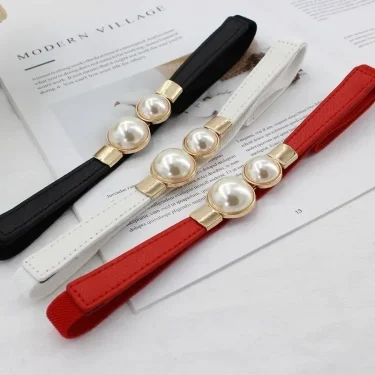Elegant Double Pearls Buckle Elastic Women Belts Thin Straps Lady Girl Dress Skirt Decor Waistbands Trouser Dress Decoration 1