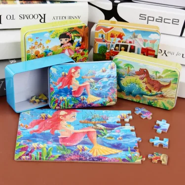 60pcs Jigsaw Cartoon Puzzle With Metal Box, Children's Early Education Animal Vehicle Puzzle, Parent-Child Interaction Game 3