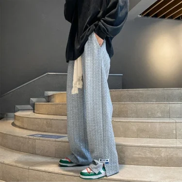 Men High Street Sweatpants Fashion Loose Casual Side Slit Straight-Leg Pants Vintage Blue Jacquard Casual Bottoms Male Clothes 6