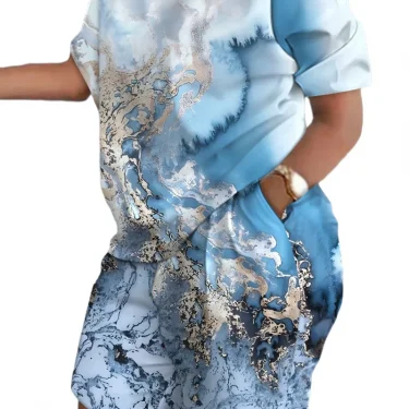 Women's clothing, round neck printed loose short sleeved T-shirt, shorts, casual sportswear, novelty for summer 5