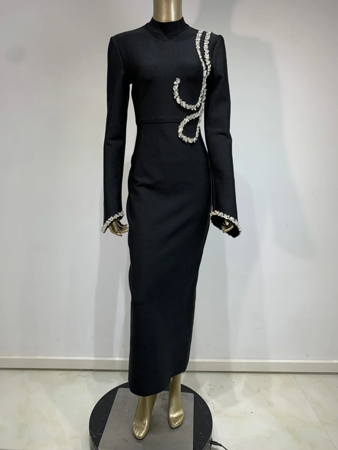 Autumen New Party Dress for Women Black Long Sleeve Half High Collar Crystal Bodycon Ankle Length Celebrity Evening Dress 2