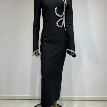 Autumen New Party Dress for Women Black Long Sleeve Half High Collar Crystal Bodycon Ankle Length Celebrity Evening Dress 2