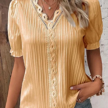 Women's Summer New Top Solid Sexy V-Neck Hollow Short Sleeve Shirt Fashion Splice Plus Size Blouse Loose Street Apparel 3