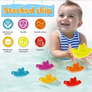 Baby Bath Toys, Stacking Boat & Spoons Toys, Early Education Intelligence Gift, Rainbow Color Stacked Cup Folding Tower Baby Toy 5