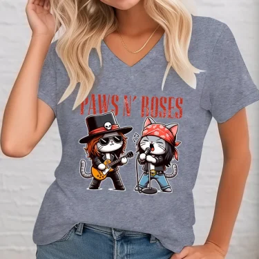 Paws Funny Cat Rock Star Trendy Cat Graphic T-shirt Women Fun Guitar Music Lover Classic Tops Gift for Rock Music Cat Lover Tops 3
