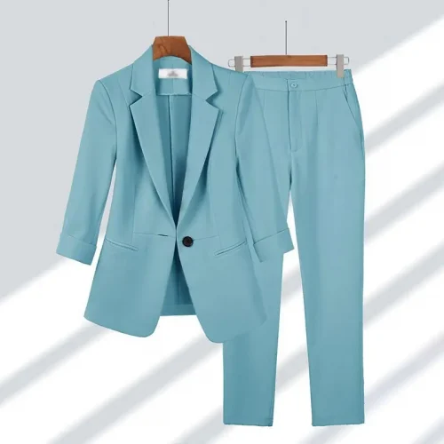 Women Summer New Casual Blazers Jacket Two Piece Suit Korean Elegant Slim Suit Pants Matching Set Female Professional Wear 1