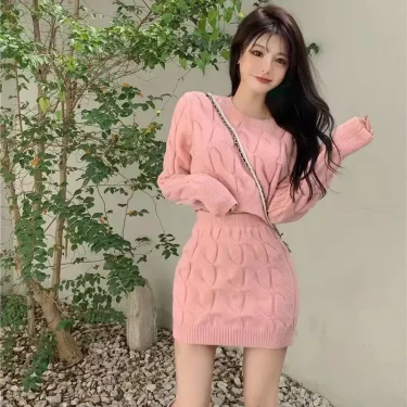 Two Piece OF Pullover Autumn/Winter Knitted Sweater Set Pure Desire Short Sweater Sexy Spicy Girl Arm Wrap Skirt Sweater Female 5
