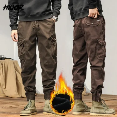 HIQOR New Cargo Pants Men Winter Man Y2k Harem Tactical Pants for Men Outdoor Fleece Multi-Pockets Cotton Casual Trousers 1