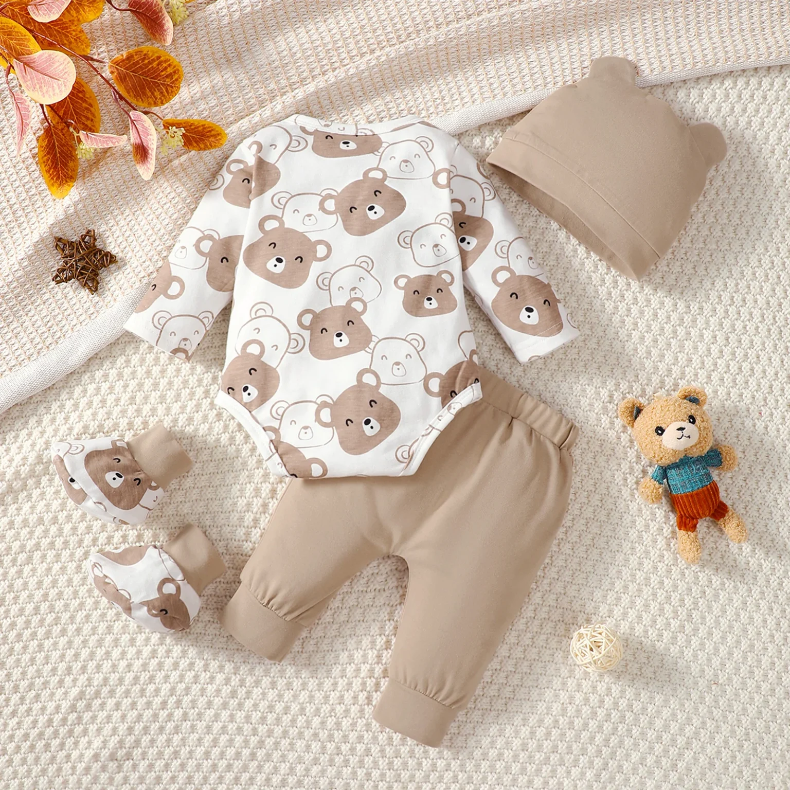 0-9 Months Baby Boy Set Little Bear Long Sleeve Bodysuit+Pants+Hat+Socks 4pcs/Set Baby Spring Autumn clothing Newborn set 2